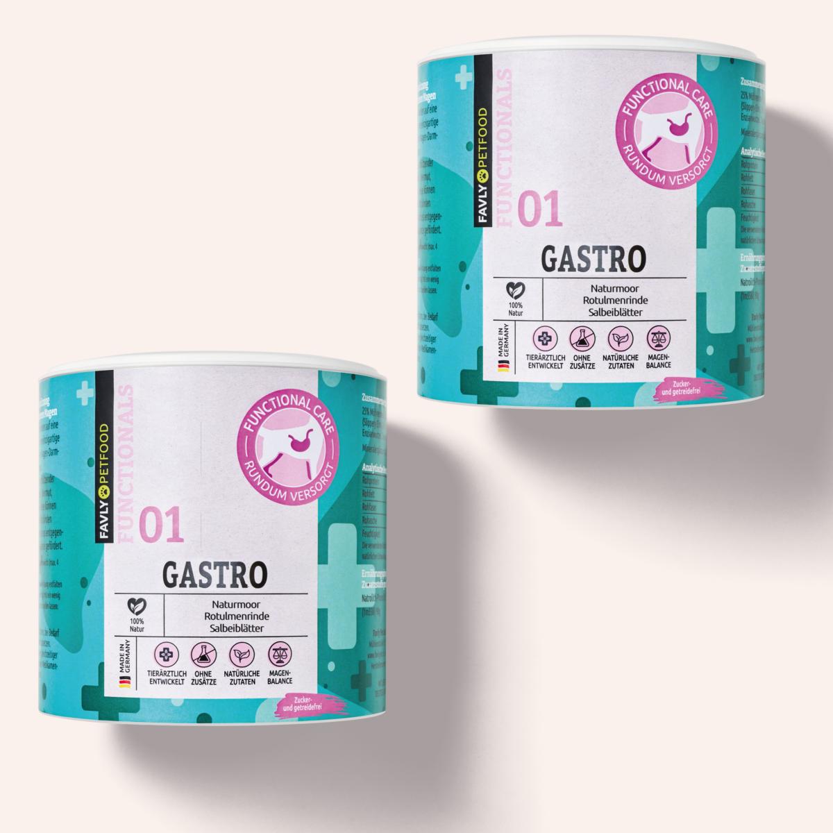 Zwei Dosen GASTRO-Katzenfutter plus das GASTRO-Pulver von FAVLY Petfood für eine gesunde Verdauung und bei Problemen mit Grasfressern.
