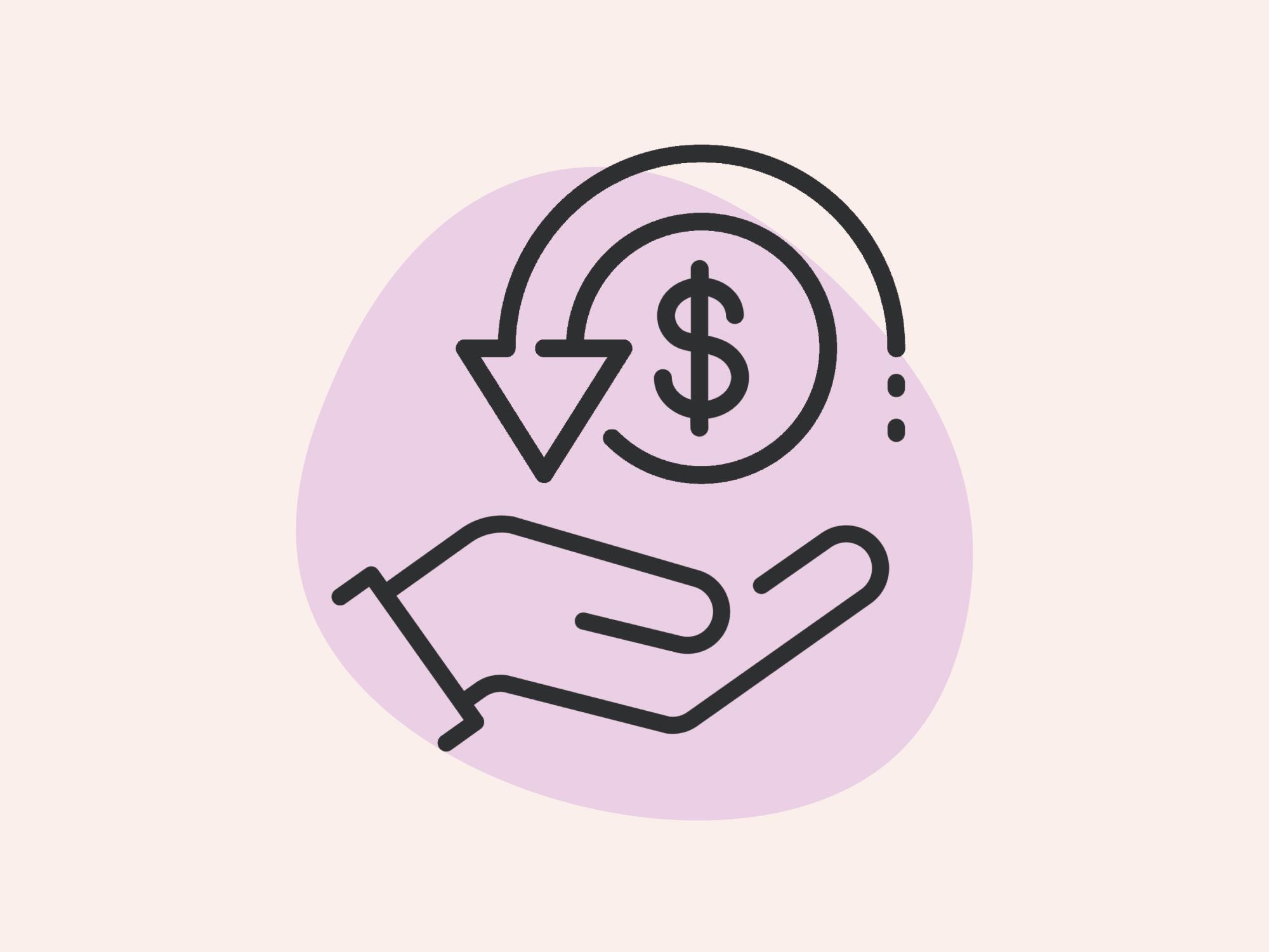 Eine ausgestreckte Hand mit einem Dollarzeichen und einem nach unten gerichteten Pfeil symbolisiert eine finanzielle Rückerstattung oder Geldrückzahlung.