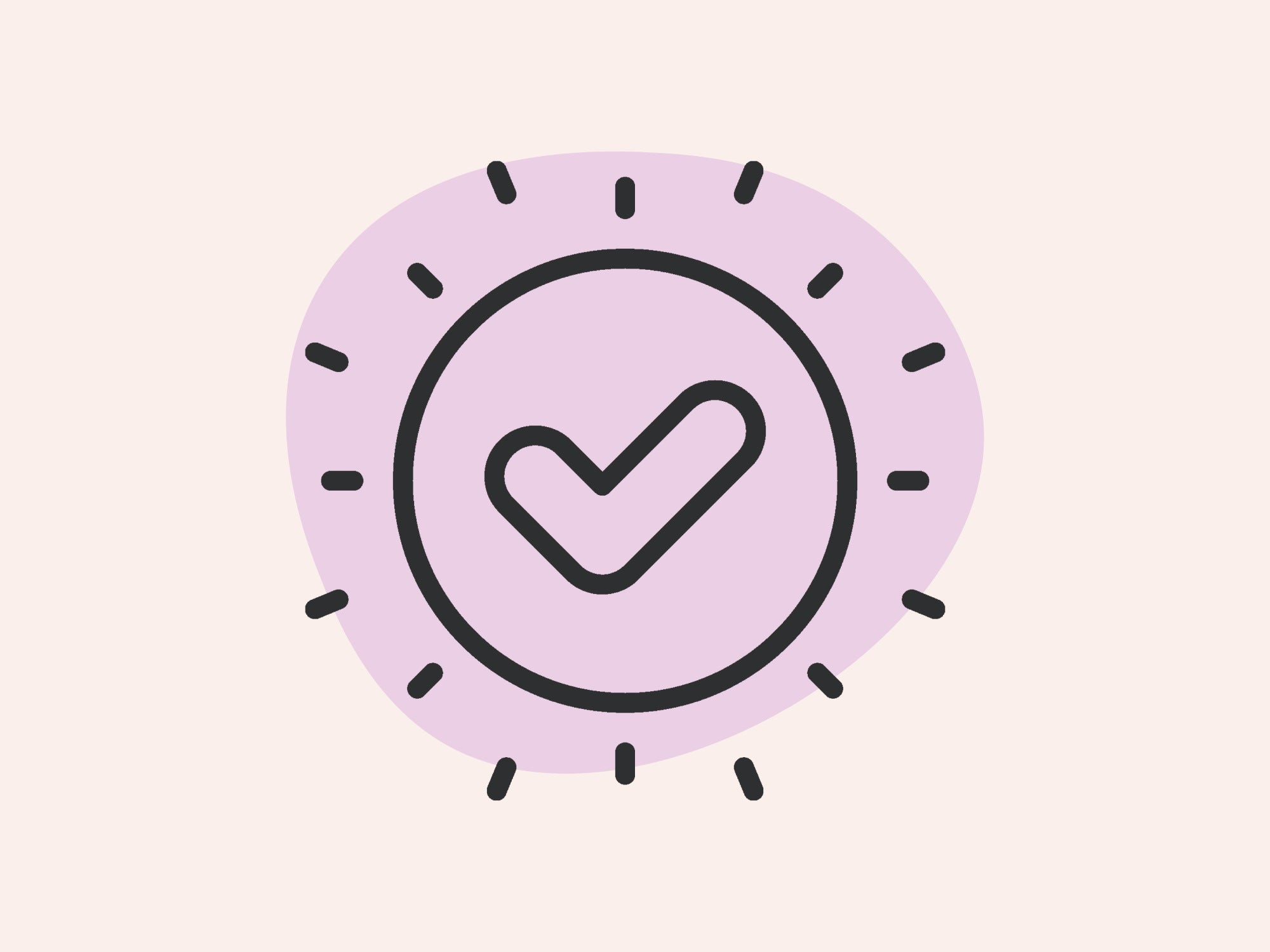 Ein Häkchensymbol in einem Kreis mit strahlenförmigen Linien, eingeschlossen in eine violette, unregelmäßige Hintergrundform.