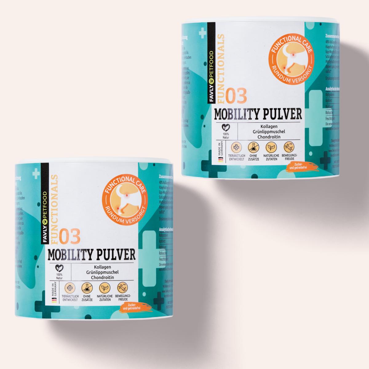Zwei Behälter „MOBILITY Pulver – Gelenke & Mobilität“ von FAVLY Petfood im blaugrünen und orangefarbenen Design, angereichert mit Kollagenhydrolysat zur Unterstützung der Gelenkgesundheit.
