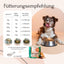 Hund mit Futternapf, Gewichtstabelle und FAVLY Petfood MOBILITY Pulver mit Kollagenhydrolysat für die Gelenke.