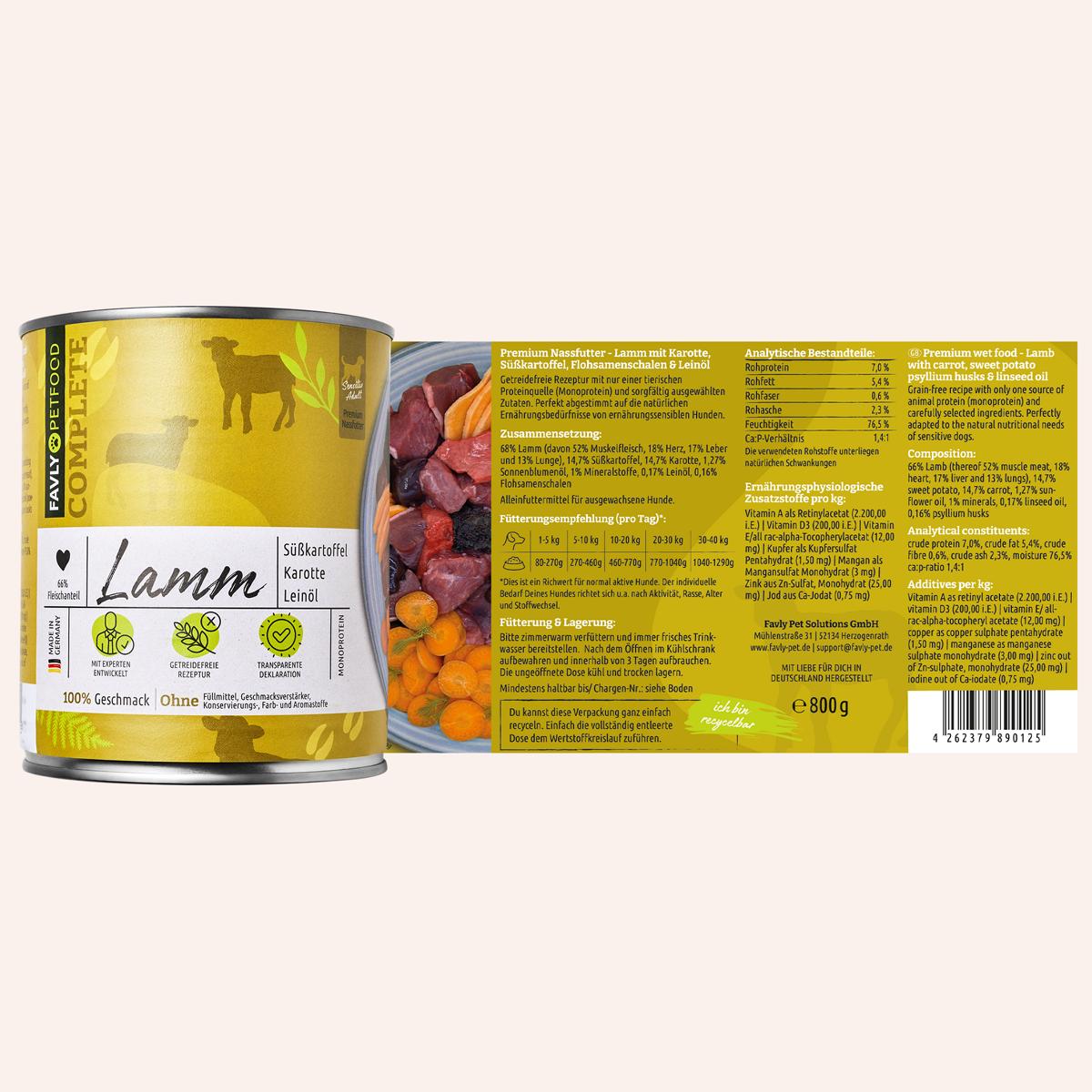FAVLY Petfood Dose Lamm mit Süßkartoffel & Karotte Monoprotein-Hundefutter mit Hundesilhouette.