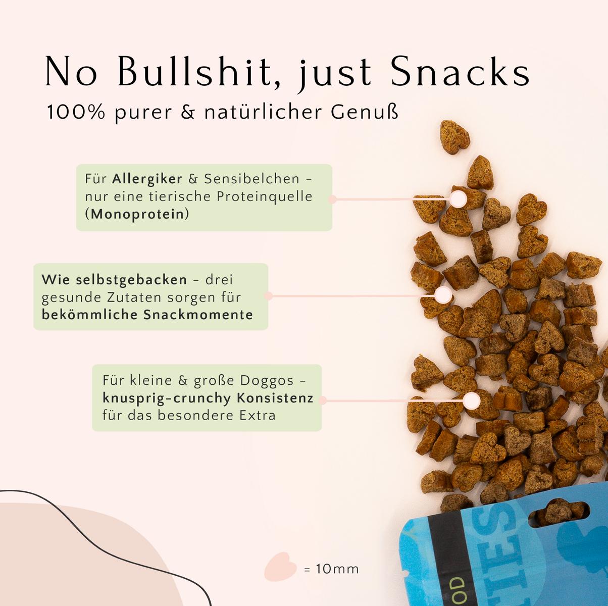 Abbildung der FAVLY Probierpaket „Starter“-Hundefutternuggets von FAVLY Petfood, die ihre natürlichen Inhaltsstoffe präsentieren und die Vorteile für Hunde darlegen, mit besonderem Schwerpunkt auf den Vorteilen einer Monoproteindiät.