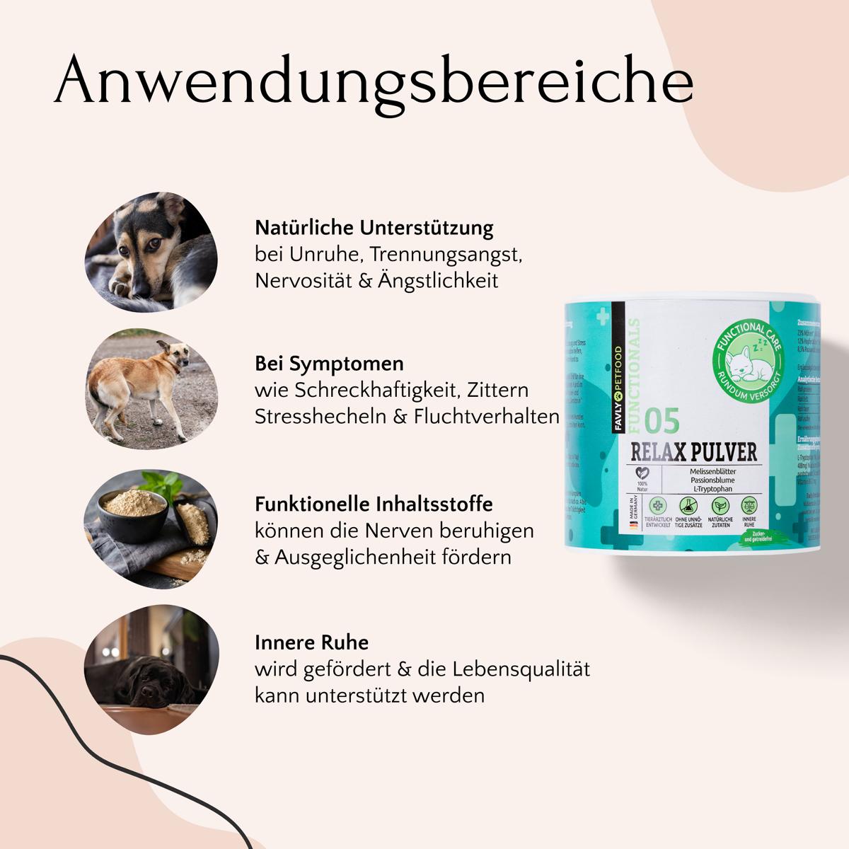 Schaufenster FAVLY Petfood Relax Pulver - Sonderangebot mit Tierbildern und Text für effektiven Stressabbau Hund.