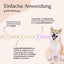 Neben dem Bild eines glücklichen Hundes sind Informationen zur stresslindernden Wirkung des Relax Pulver – Unruhe & Stress von FAVLY Petfood zu sehen, wobei die Dosierungsanleitung für dieses beruhigende, mit Heilkräutern hergestellte Ergänzungsmittel hervorgehoben wird.