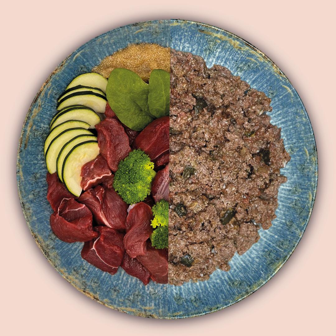 Ein Teller mit rohem Fleisch, Zucchini, Spinat und Brokkoli auf der einen Seite und gekochtem Hackfleisch auf der anderen Seite.