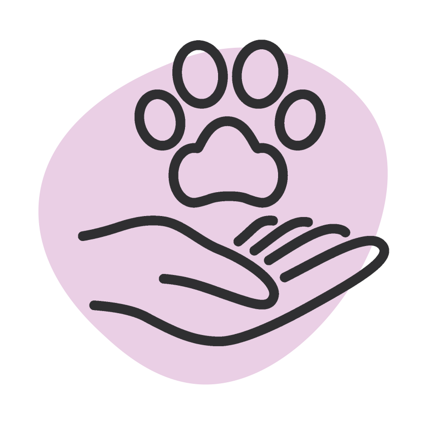 Eine Zeichnung eines Hand- und Pfotenabdrucks als Symbol für die Tierpflege auf hellviolettem Hintergrund.
