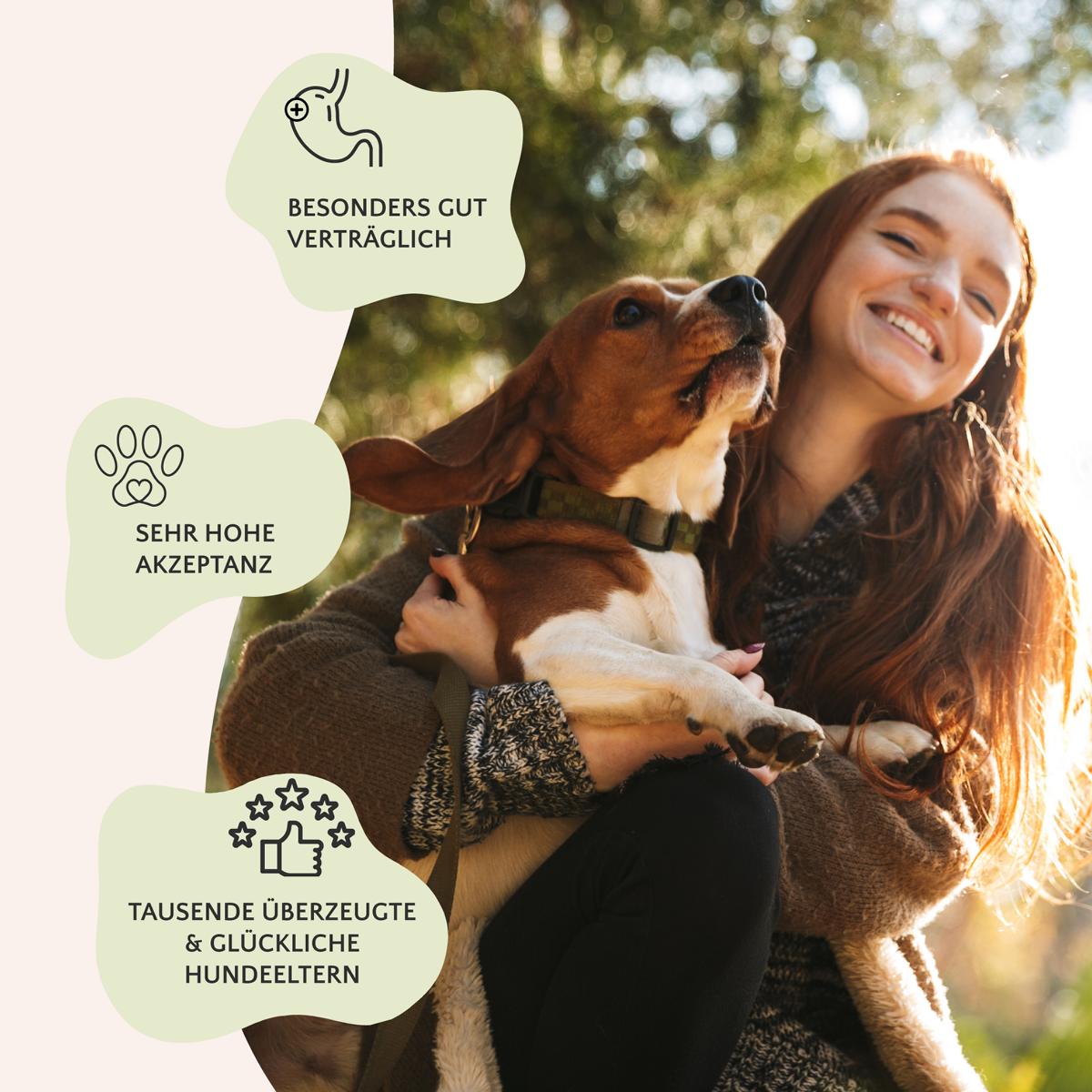 Eine lächelnde Frau hält einen Beagle mit Textblasen mit den Worten „Besonders gut verträglich“, „Sehr hohe Akzeptanz“ und mehr über Premium-Trockenfutter Wild mit Pastinake, Preiselbeeren & Kokos von FAVLY Petfood für ernährungssensible Hunde mit getreidefreiem Rezeptur.