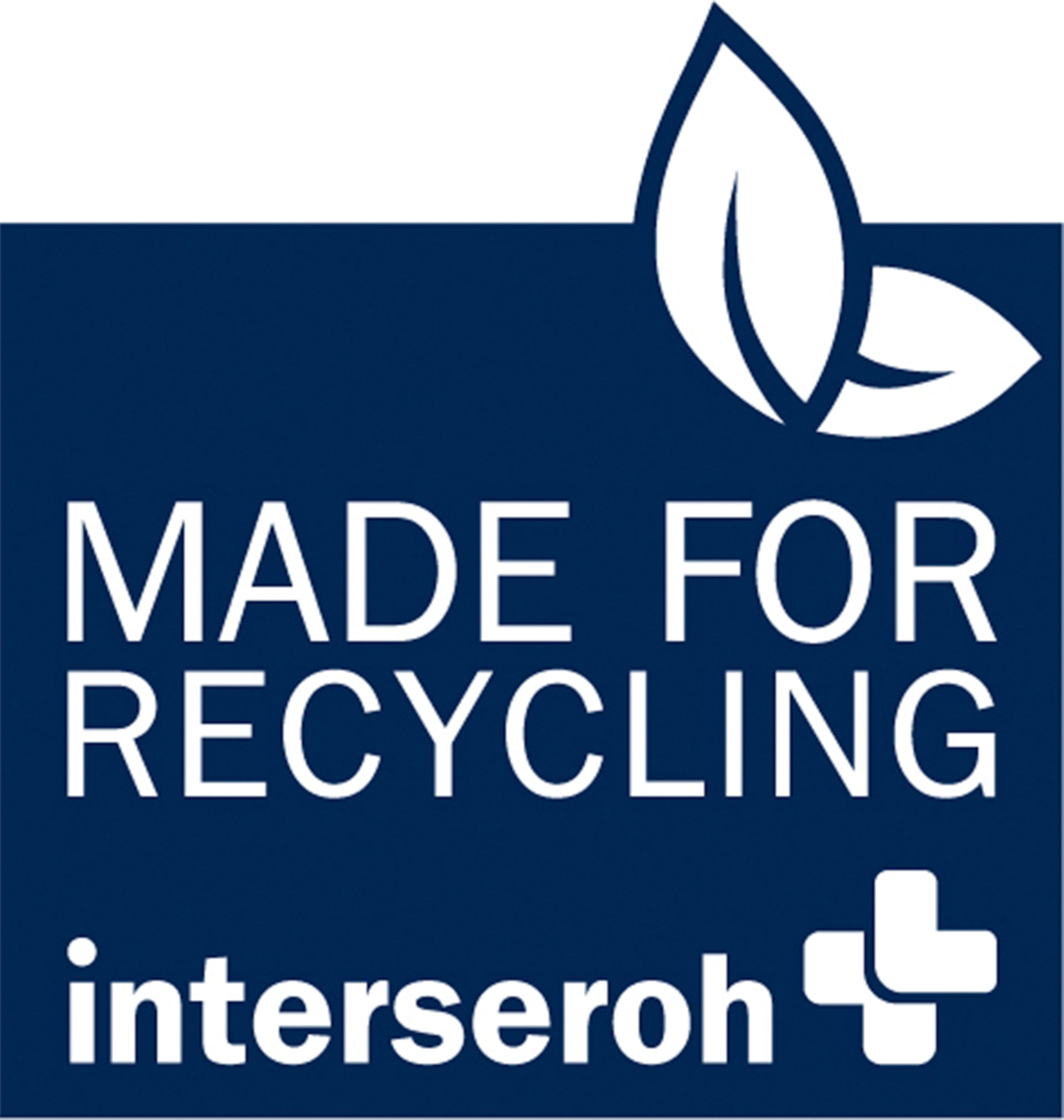 Blaues Logo mit weißem Text: „MADE FOR RECYCLING“ und „interseroh“ darunter, mit zwei überlappenden Blattsymbolen oben.