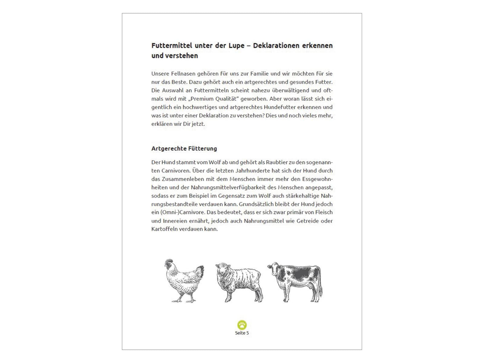 Der FAVLY Petfood Futterguide – E-Book von FAVLY Petfood zeigt auf einer Seite Abbildungen eines Huhns, eines Schweins und einer Kuh und erläutert das Verstehen und Erkennen von Futterdeklarationen.