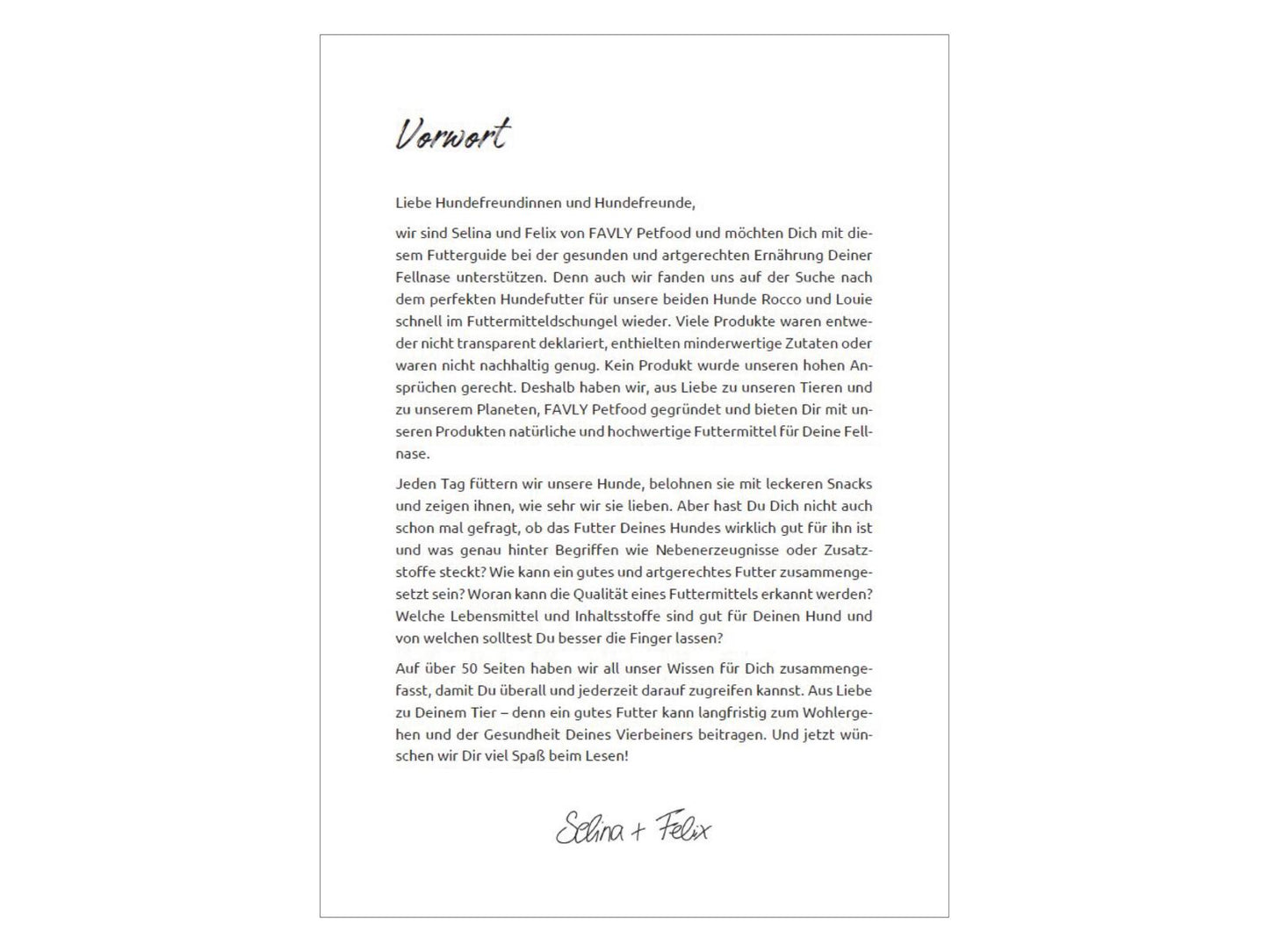 Ein deutscher Brief auf weißem Papier mit einer Besprechung des FAVLY Petfood Futterguide - E-Book, am Ende von Edna und Felix unterschrieben.