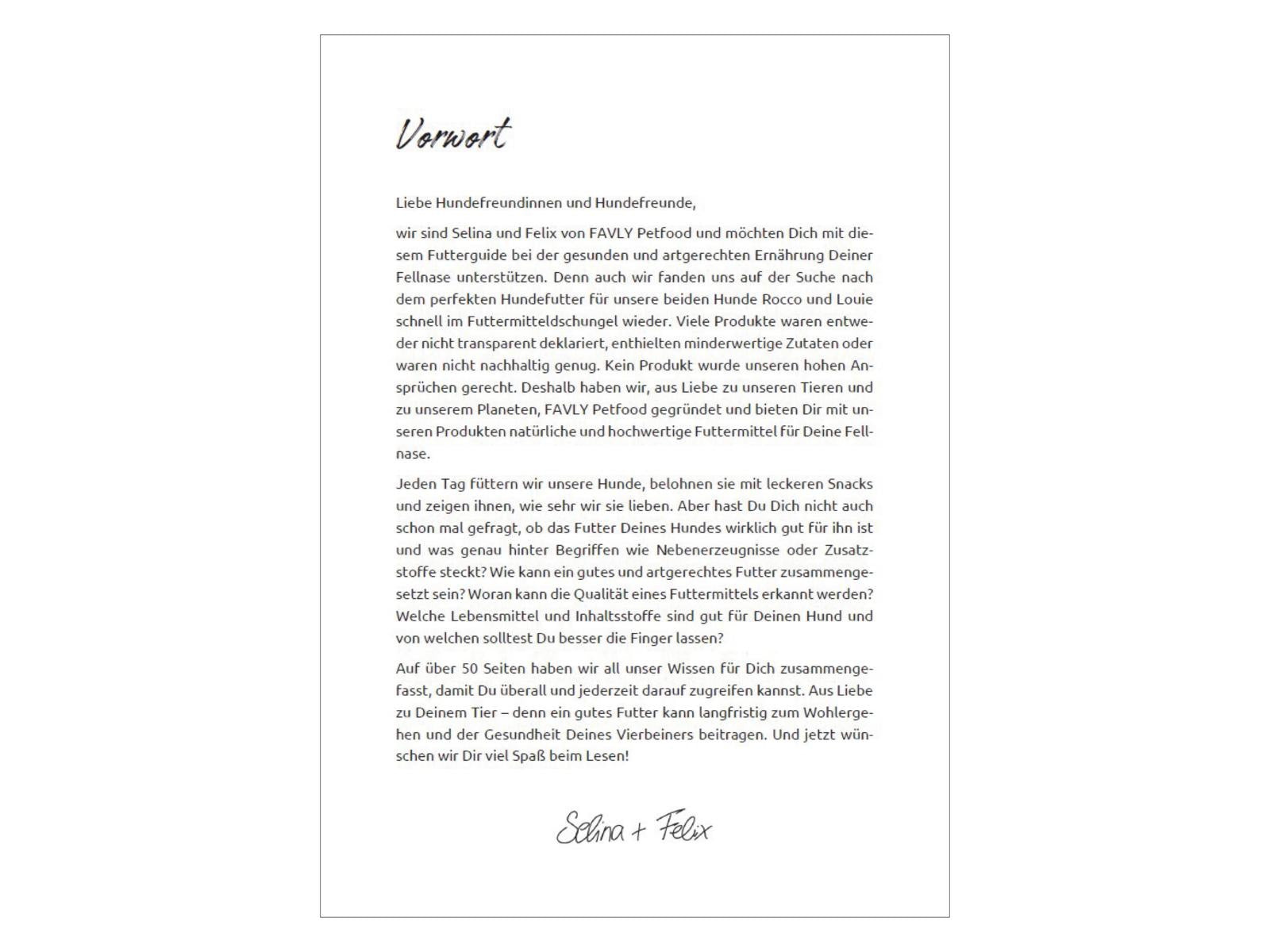Ein deutscher Brief auf weißem Papier mit einer Besprechung des FAVLY Petfood Futterguide - E-Book, am Ende von Edna und Felix unterschrieben.